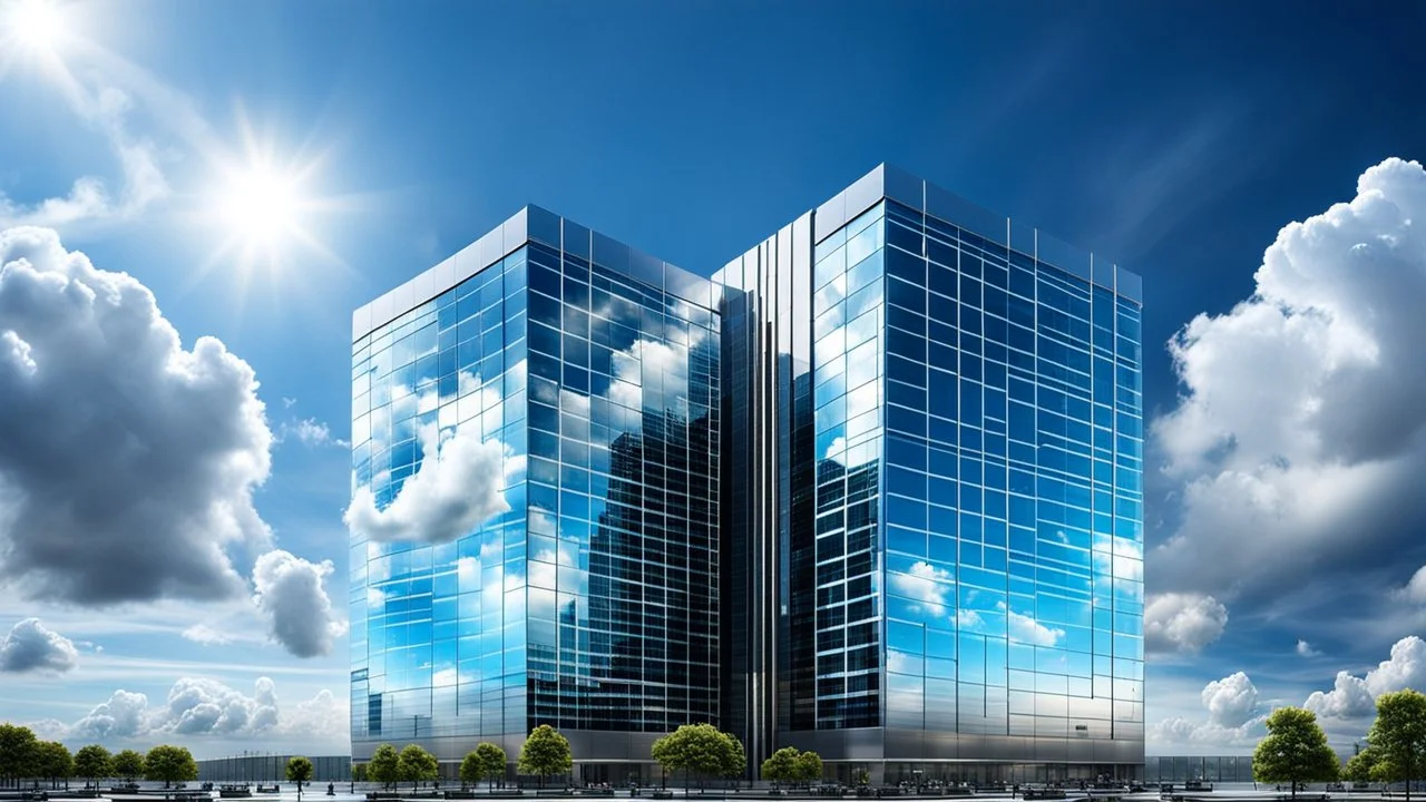 floats in sky between big clouds photorealistic high-tech building with futuristic and modern feel, metalic walls, holographic displays, unique technology , high textures, blue sky, sunshine, Professional photography, bokeh, natural lighting, canon lens, shot on dslr 64 megapixels sharp focus, stunnig