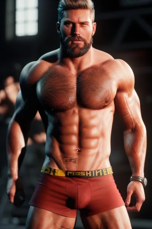 Ignore NSFW, teenager young rugged attractive slightly muscular fantastic handsome man, red briefs with yellow belt, hairy chest, (((visibly pisssing))) briefs, large erect visible boner peniss, photorealistic, artist Jay Anacleto, soft lighting, scruffy beard