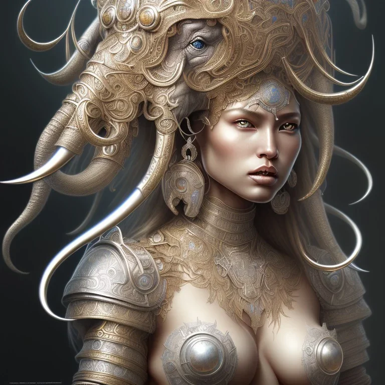 ssango fantasy, fantasy magic, intricate, sharp focus, illustration, highly detailed, digital painting, concept art, matte, artgerm and paul lewin and kehinde wiley, masterpiece silver elephant head bronze Asian African girl nice breast Hawaiian hair turquoise golden waves