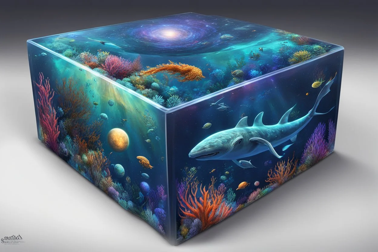 hyperrealistic, 4k, box for storing things with beautiful drawings a lot of colours, very detailed, subnautica, sea plants, seal leviathan, few planets, space, galaxies,