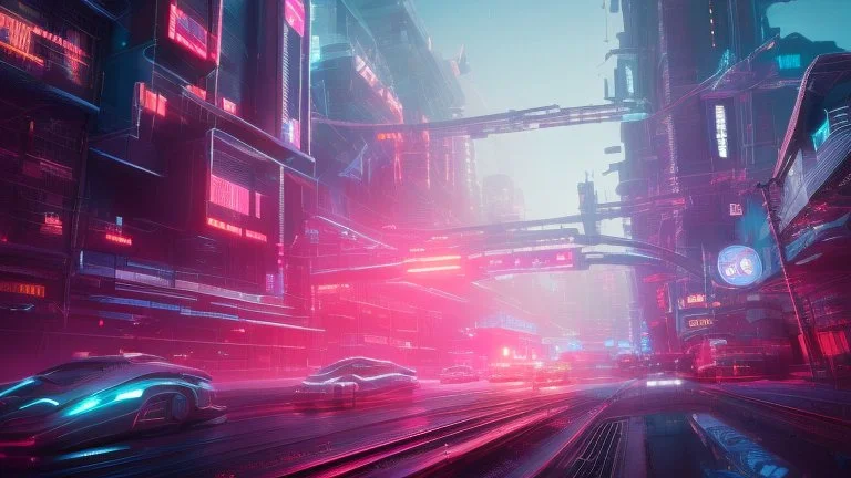 A futuristic cityscape at night with neon lights and flying cars.