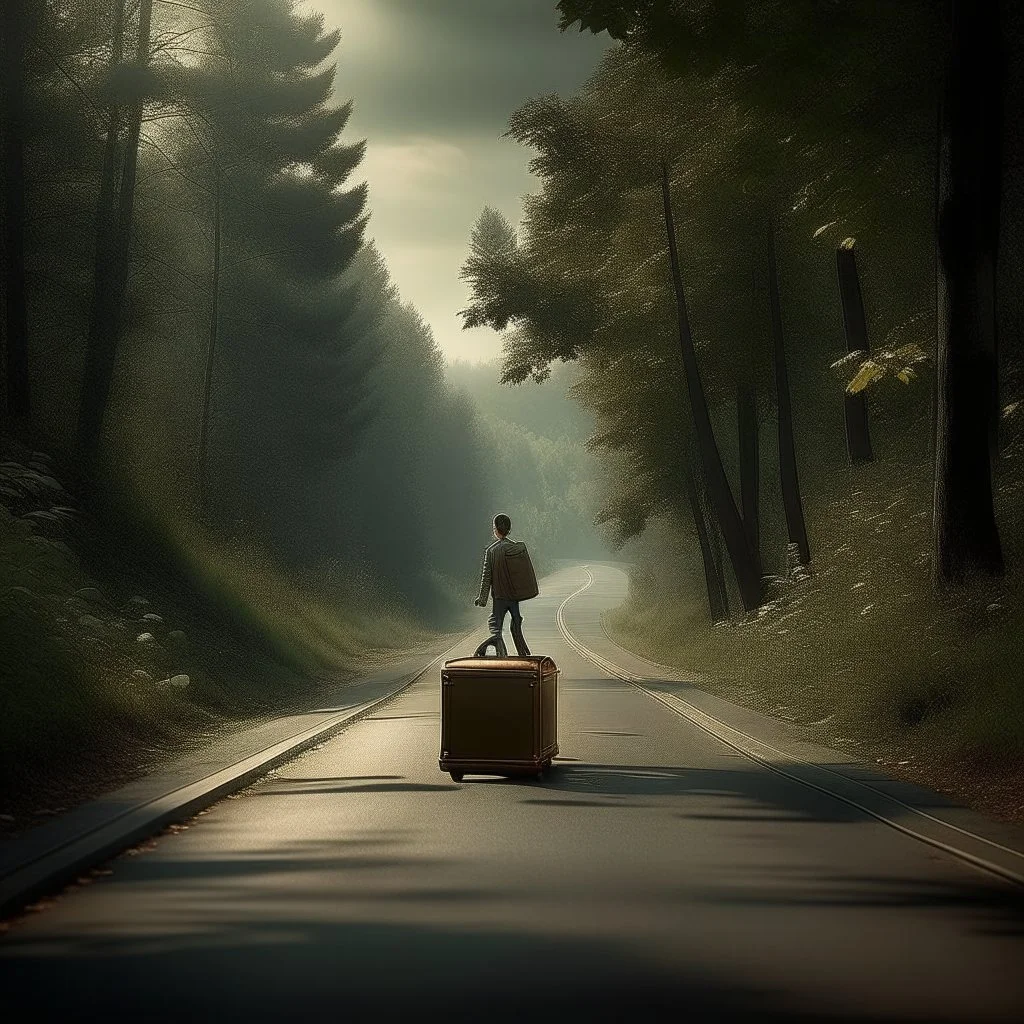 a lonely figure with a suitcase, leaving a metropole, on a road, into a forest, photo quality