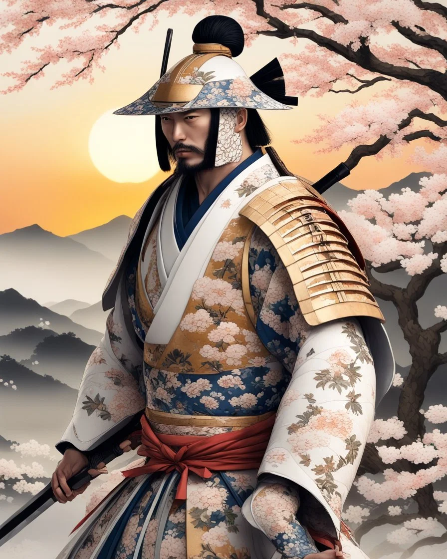 Fascinating portrait of male samurai in exquisite ukiyo-e porcelain armor, adorned with delicate floral motifs, harmonious combination of soft whites and earthy tones, powerful pose, with samurai helmet, imposing presence accentuated by the grip of a magnificent white porcelain katana . Ukiyo-e inspired landscape, golden sunset and Sakura trees create a captivating cinematic atmosphere