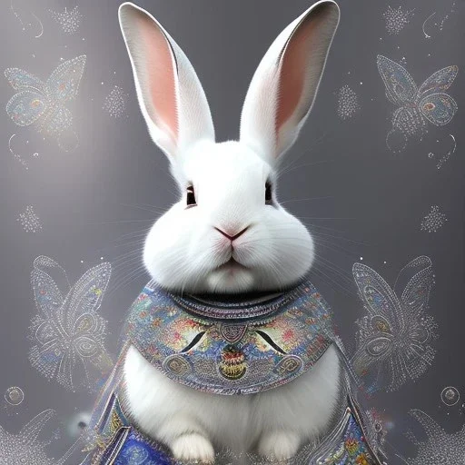 white platinum rabbit with blue third aye and butterfly wings, aboriginal, dot painting, indiginous, dot, mud, dream-time, abstract, dots, natural pigment, extremely sharp detail, finely tuned detail, ultra high definition, 8 k, unreal engine 5, ultra sharp focus, art germ and Paul Lewin and Kehinde Wiley