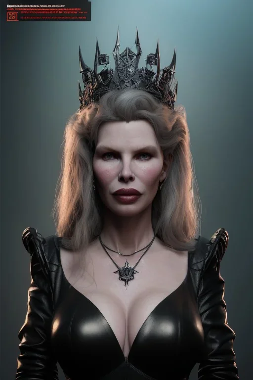 Kim Basinger as evil queen in black leather, busty, cleavage, curvy, angry, stern look. character design by cory loftis, fenghua zhong, ryohei hase, ismail inceoglu and ruan jia. unreal engine 5, artistic lighting, highly detailed, photorealistic, fantasy