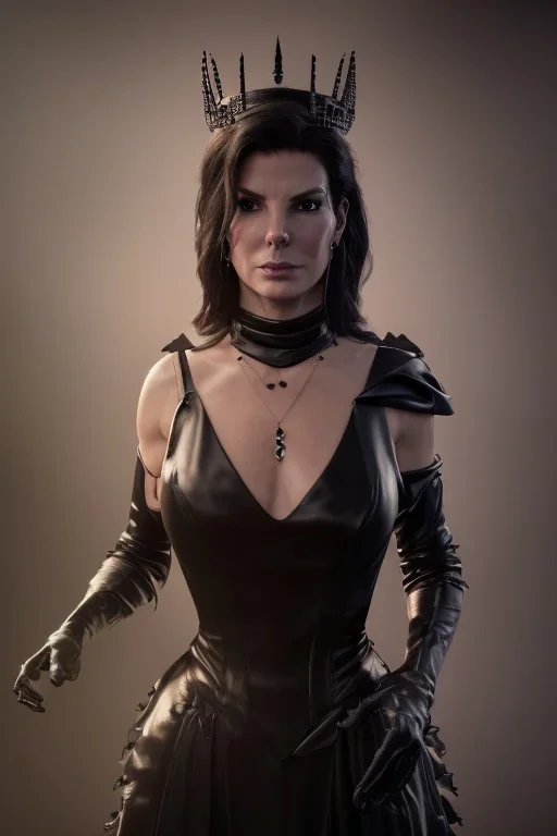 Sandra Bullock as evil queen in black leather gown, cleavage, angry, dominaneering, stern look unreal 5, octane render,cinema4d, dynamic lighting, dramatic lighting, 4k, redshift render, highly detailed, hyper realistic