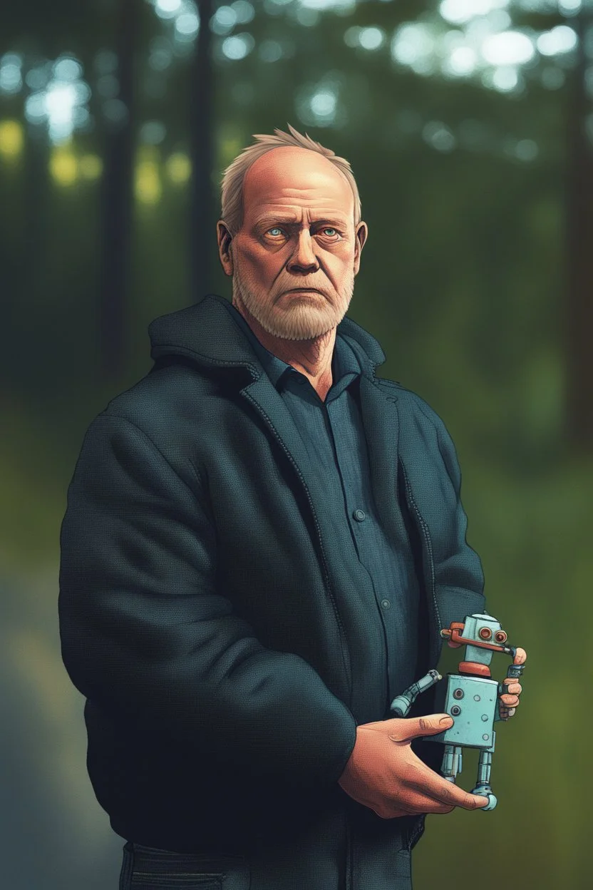 A mutated man with a bomb in his hands , big robots in background, cartoon style Simon Stålenhag