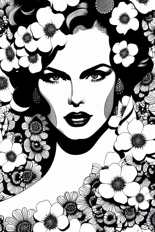 hyper detailed, black and white, thick line, coloring book illustration, lineart, stunningly beautiful eva herzigova in flowers, jim lee