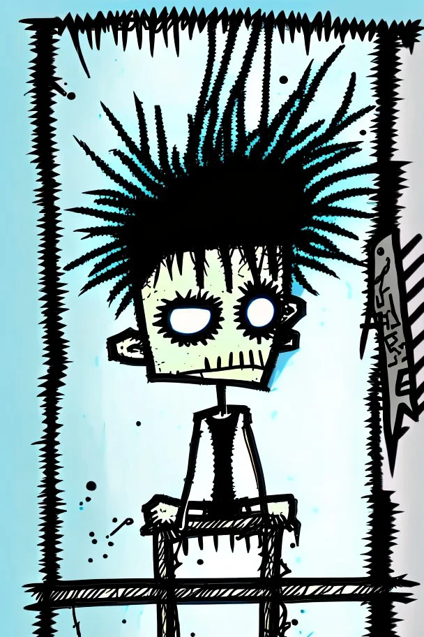 2d drawing of a stickman, cool with punk hair, x eyes like in hangman, driving a porch, 3d realistic in colour