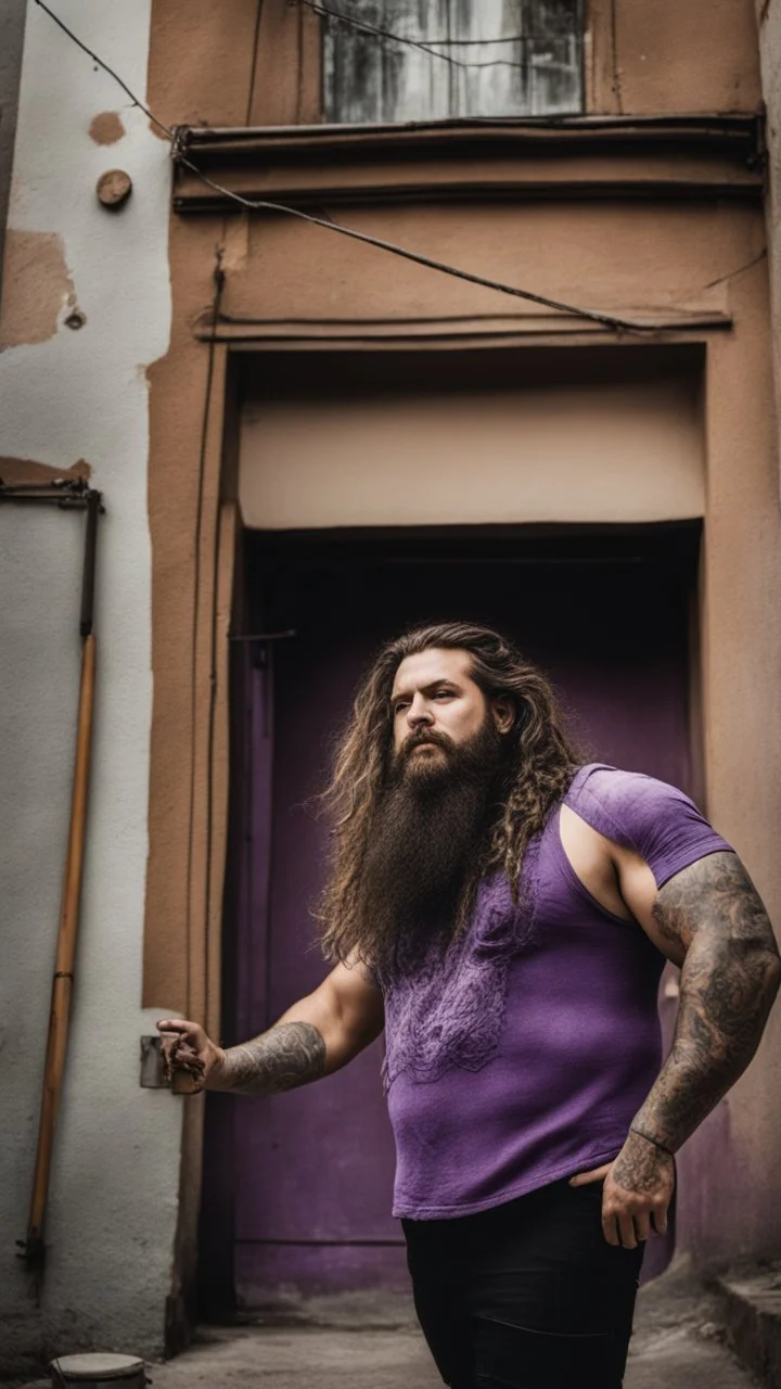 full figure photography of a hippy gipsy burly muscular chubby strong man 31 years old with long raided beard, shaved hair, tattoo, photorealistic ,dressed with a purple ripped t-shirt, side light, outdoor in a dirty street