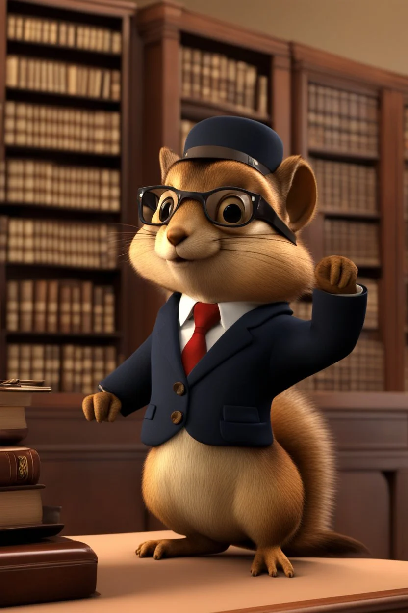 3d animated chipmunk, she is a lawyer and professionally dressed