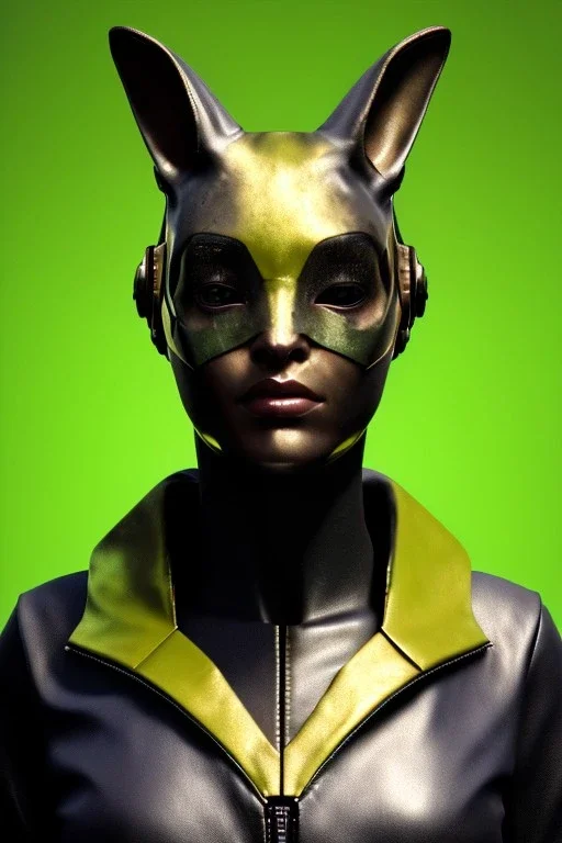 Medium Close Up Portrait, Front image. cyberpunk, rabbit mask, sweet woman, gold hair. Leather suit army. Yellow, black, green, color. Retro futuristic style. Color background, photo studio. Avatar image, highly detailed, concept art, smooth, unreal engine 5, ray tracing, RTX, lumen lighting, ultra detail, volumetric lighting, 3d, finely drawn, high definition, high resolution.