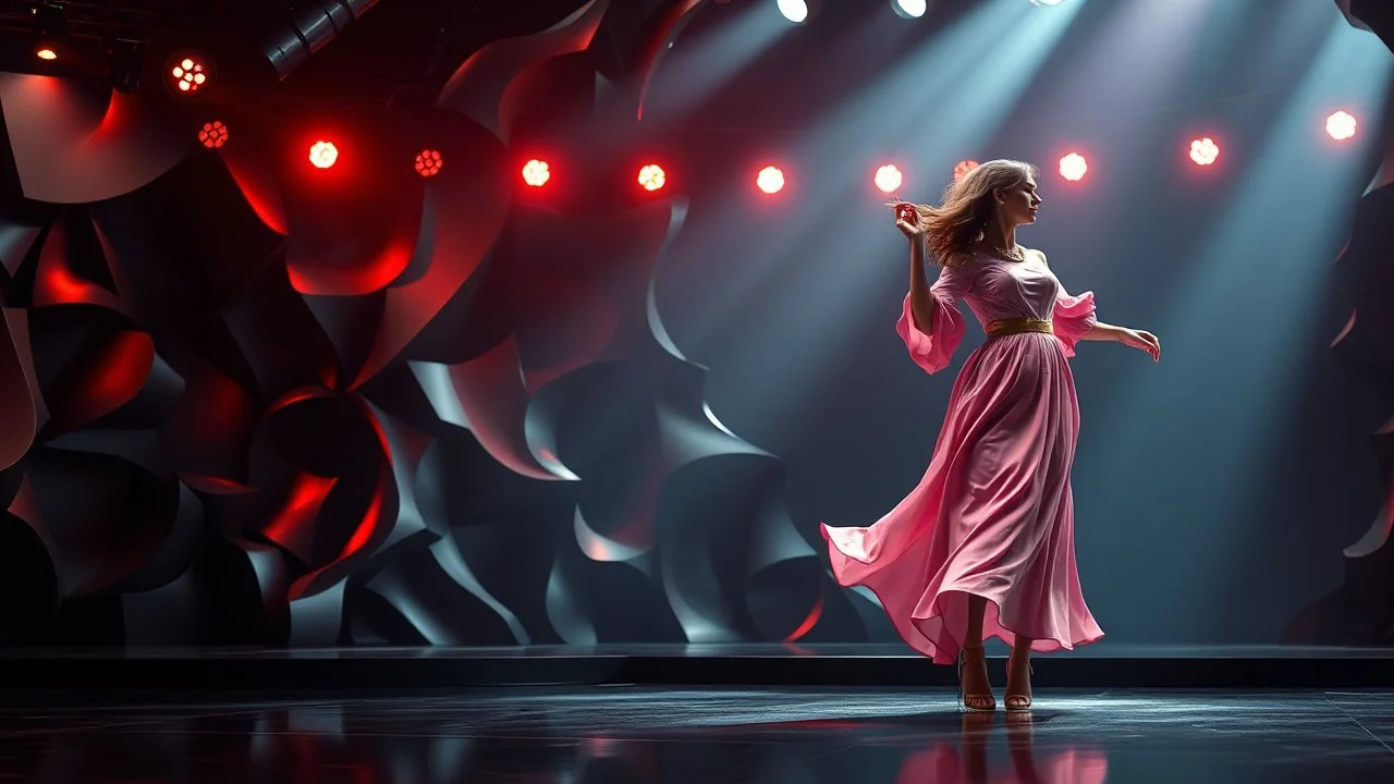a 3d fractal stage structre made of metallic dark color 3d structures, pertty artistc background,dynamic lights,a beautiful lady in pretty maxi skirt and blouse dancing on stage