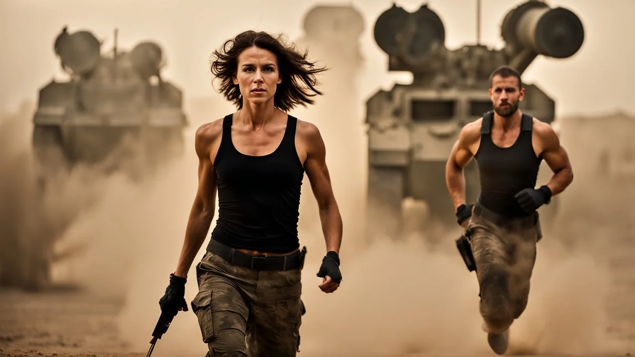 beautiful slender caucasian female technician, black tank top, knife-fighting a giant soldier, running, well toned muscles, weathered face, scratched sand camo metal details, short brunette wavy bob haircut, dystopian, desert scene with smoke and explosions,