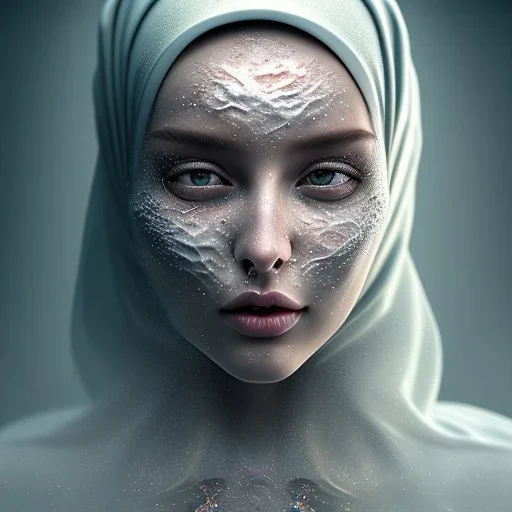 clouds of fog as woman's face, dissolving, disintegrating, turning into clouds, wearing hijab, fine detail, highly intricate, modern surrealism painting, high-quality, volumetric lighting, 8k, ultrahd, George Grie, Marco Escobedo, Igor Morski,Brian Froud, Howard Lyon, Selina French,