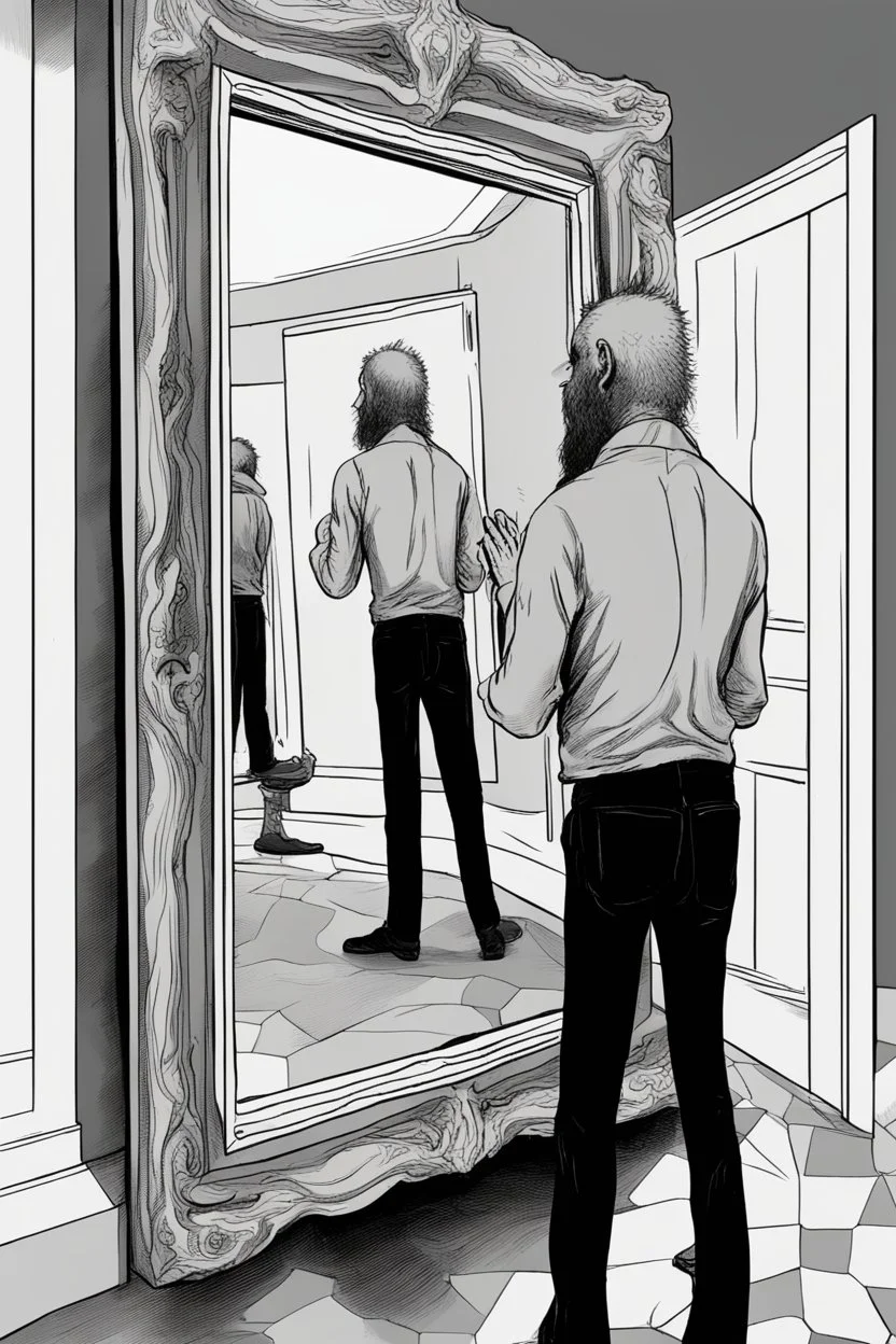 a man looking into a mirror and seeing a horrifying, abstract monstrous reflection