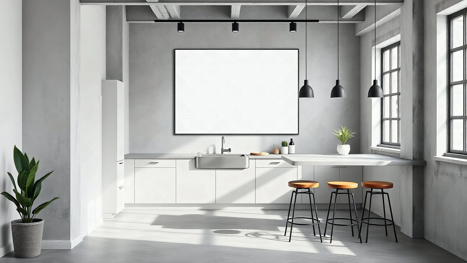 Corner of modern industrial style kitchen with white and grey walls, concrete floor, grey countertops with built in sink and comfortable bar with stools. Vertical mock up poster frame. 3d rendering