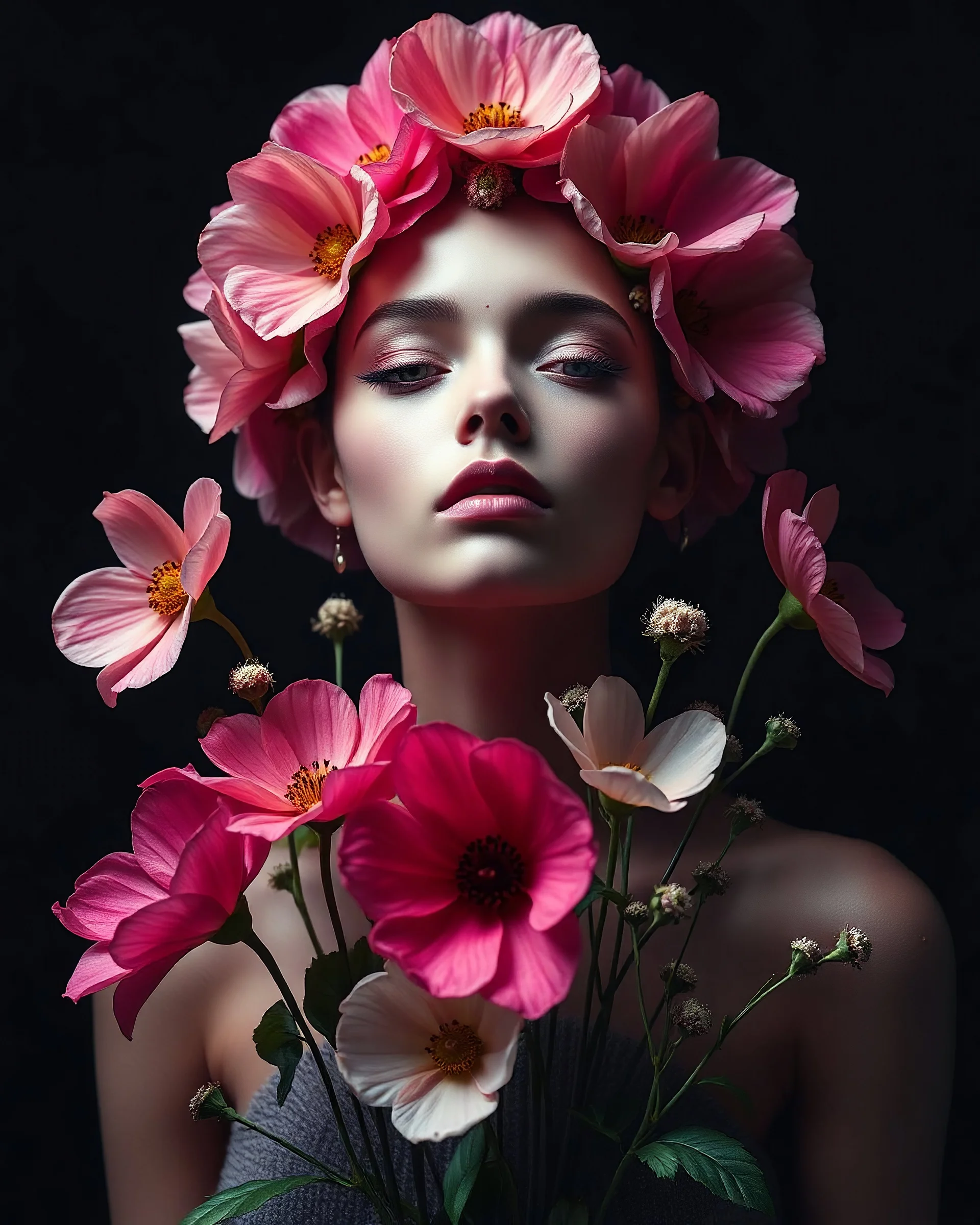 Portrait of a futuristic Goddess of beautiful flowers from the front, a meter away on a dark dark background.