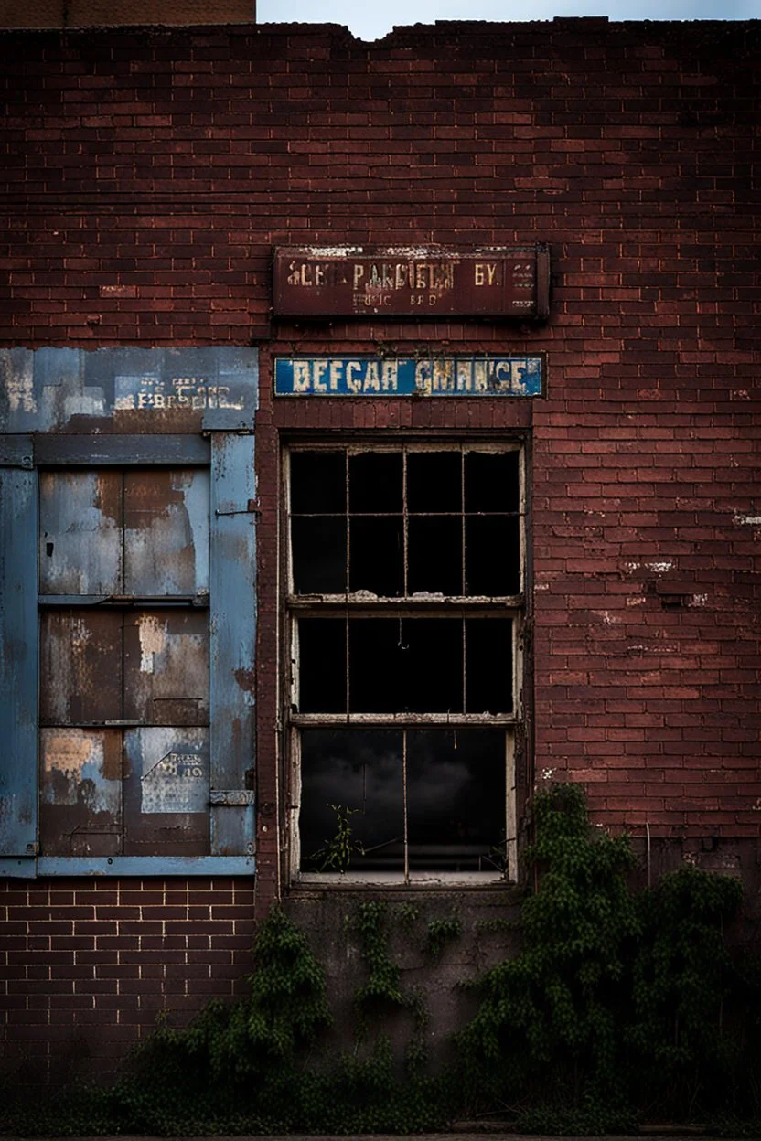 filling the composition is the side of an old brick building, with windows, a doorway at the bottom, and worn out painted sign across the top