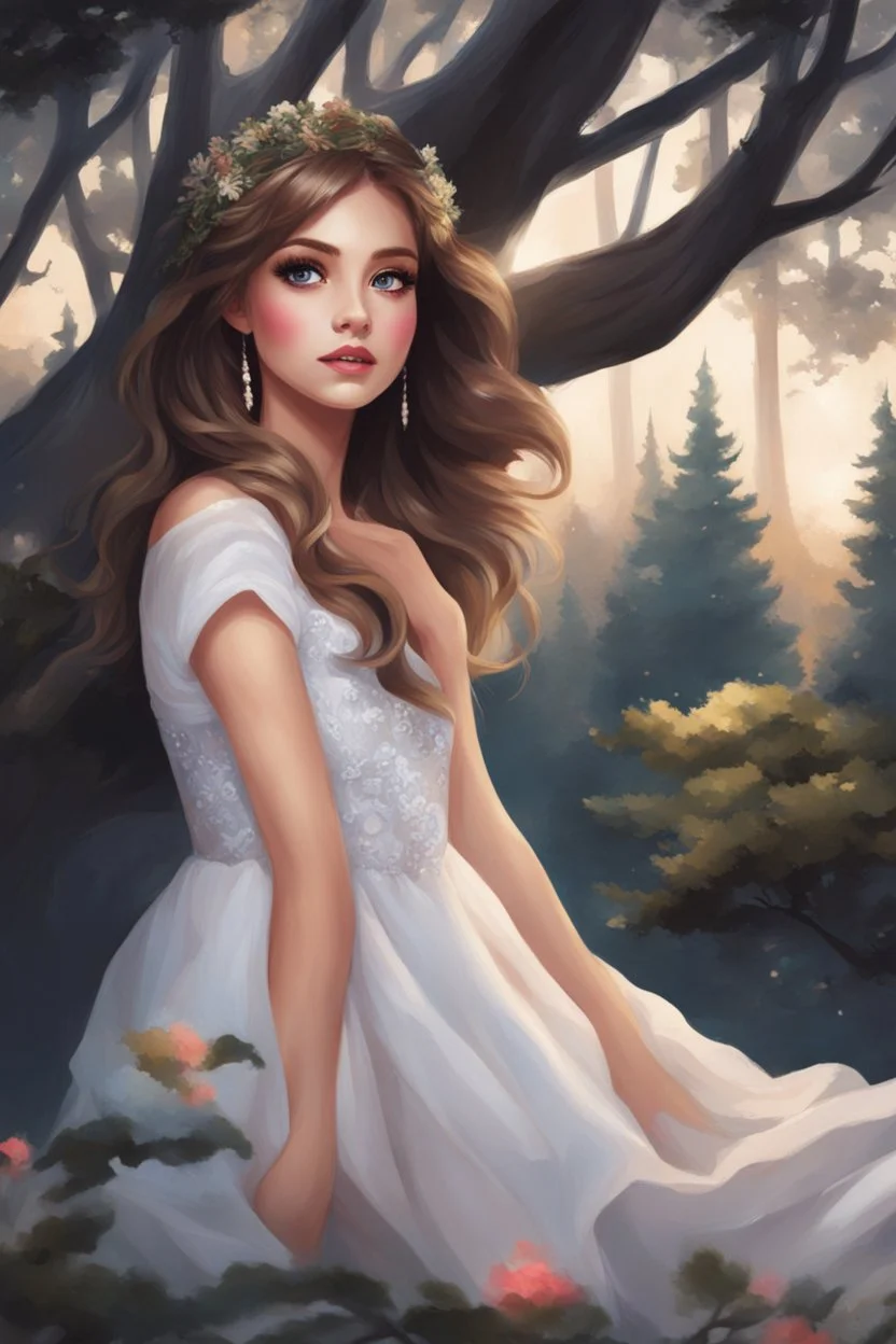 Painting of a beautiful girl, beautiful, dress, young girl, digital painting, realistic art, pretty face, illustration, anime portrait, barbie face, big eyes, bright eyes, dream, trees, white background, dark night,white background, fantasy, high quality, 8k