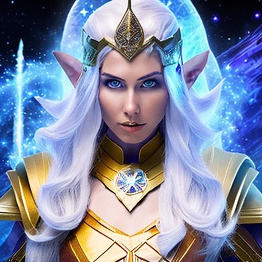 cosmic mage, elf, female, battle mage, epic, cosmic magic, long ears, white hair, face details, pale skin, jewellery, broad shoulders, glowing eyes, sharp ears, cosmic clothes, bright eyes, cosmic eyes, ears shown, light out of eyes, the cosmos in eyes, stars in eyes, shining eyes, small jaw, non human face, thin face, animation