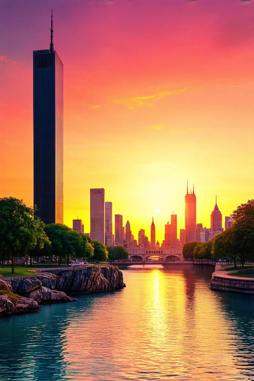 Amazing colorful sunset, buildings, lake, rock, city, park, cyberpunk, sci-fi, photography