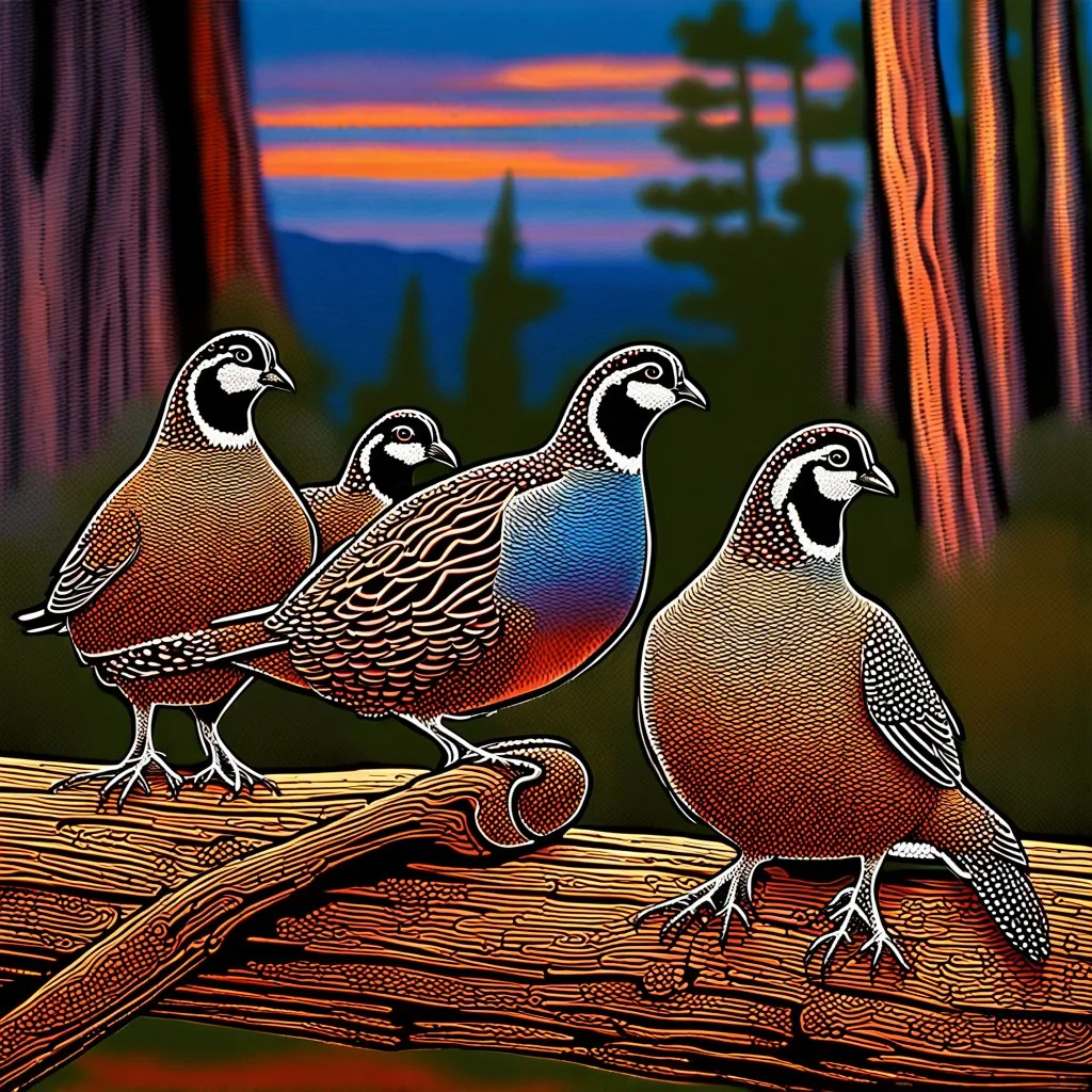 : A family of California quail (Callipepla californica) is out walking near an old log set against a colorful sky with clouds. The nature scene shows both the male and female both care for their offspring and takes place in nature with clean air, beautiful scrubs at the edge of a forest. Modifiers: elegant intricate beautiful award winning fantastic view ultra detailed Robert Bateman Carl Brenders Flo 'n Images Nancy Kaestner Hendry