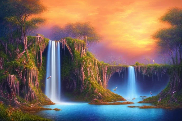 island waterfall palms twigs spring sunset rainbow bridge birds