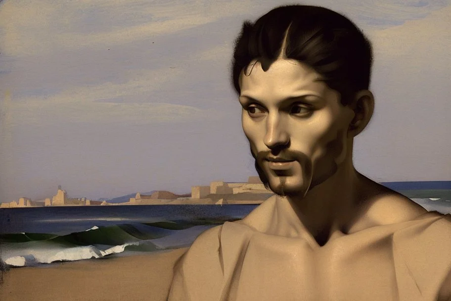 Man wearing black t-shirt at sea shore by Pontormo