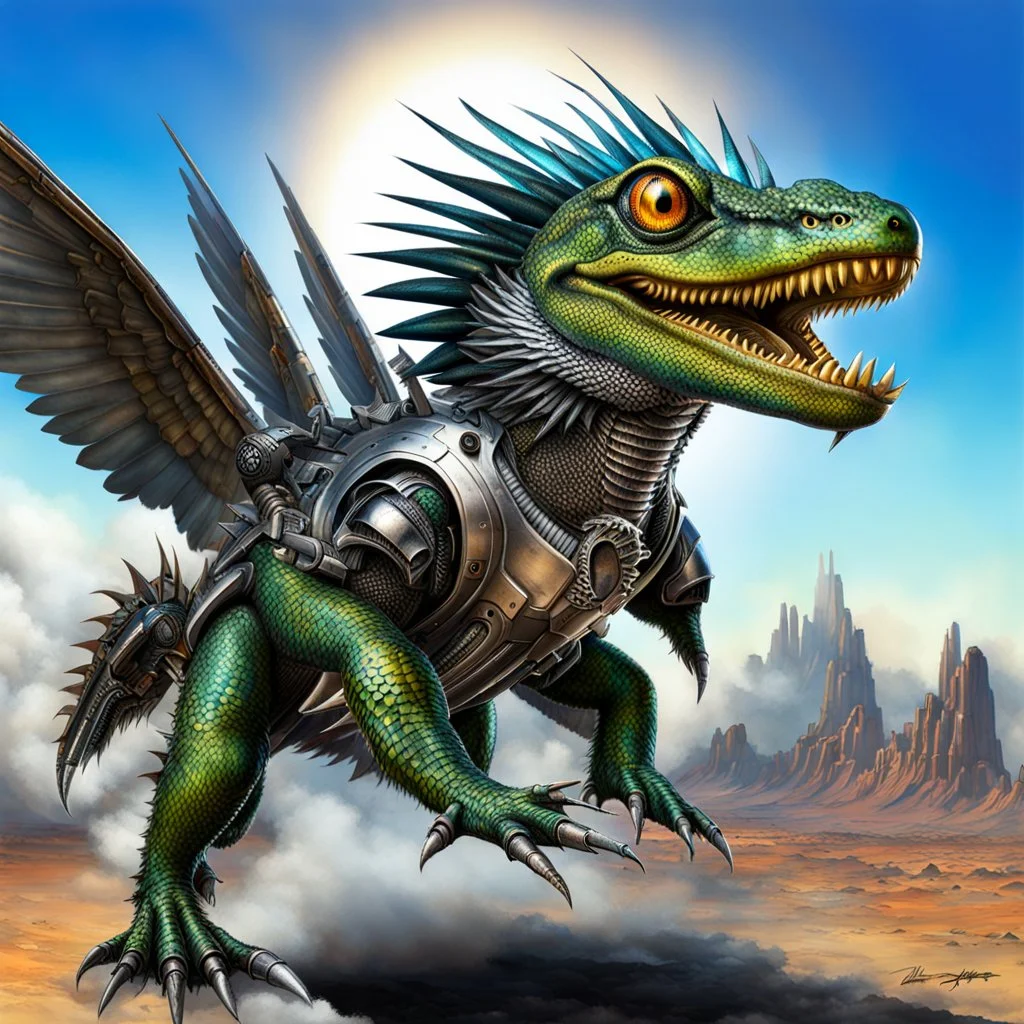 Lucky Stryker, Jet eagle lizard hybrid, biomechanical surrealism, 4 limbs, 2 metallic wings, one jet engine, 2 eyes, big toothy smile