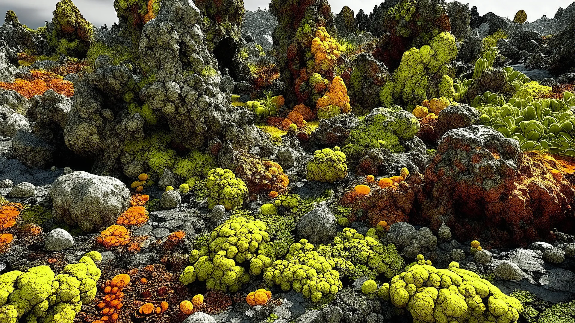 A set of jagged rocks, scattered across what appears to be the ground of an outdoor landscape, is covered in a vibrant variety of lichens. These lichens display a color palette ranging from bright yellows and oranges to muted greens, offering a striking contrast to the weathered stone surfaces. The intricate lichen formations add an almost artistic touch to the otherwise harsh appearance of the rocks. Interspersed among the stones are dark patches of green grass and small leaves. Their natural h