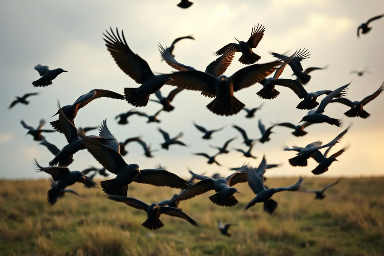 an 8k UHD cinematic, hyper-realistic, ultra-realistic vibrant image of "Weapon Against Climate Change You Never Knew Existed!". The image must be captivating, hooking and eye-catchy to depict the above image context a lot of black birds hovering in circle in the middle of the pictures