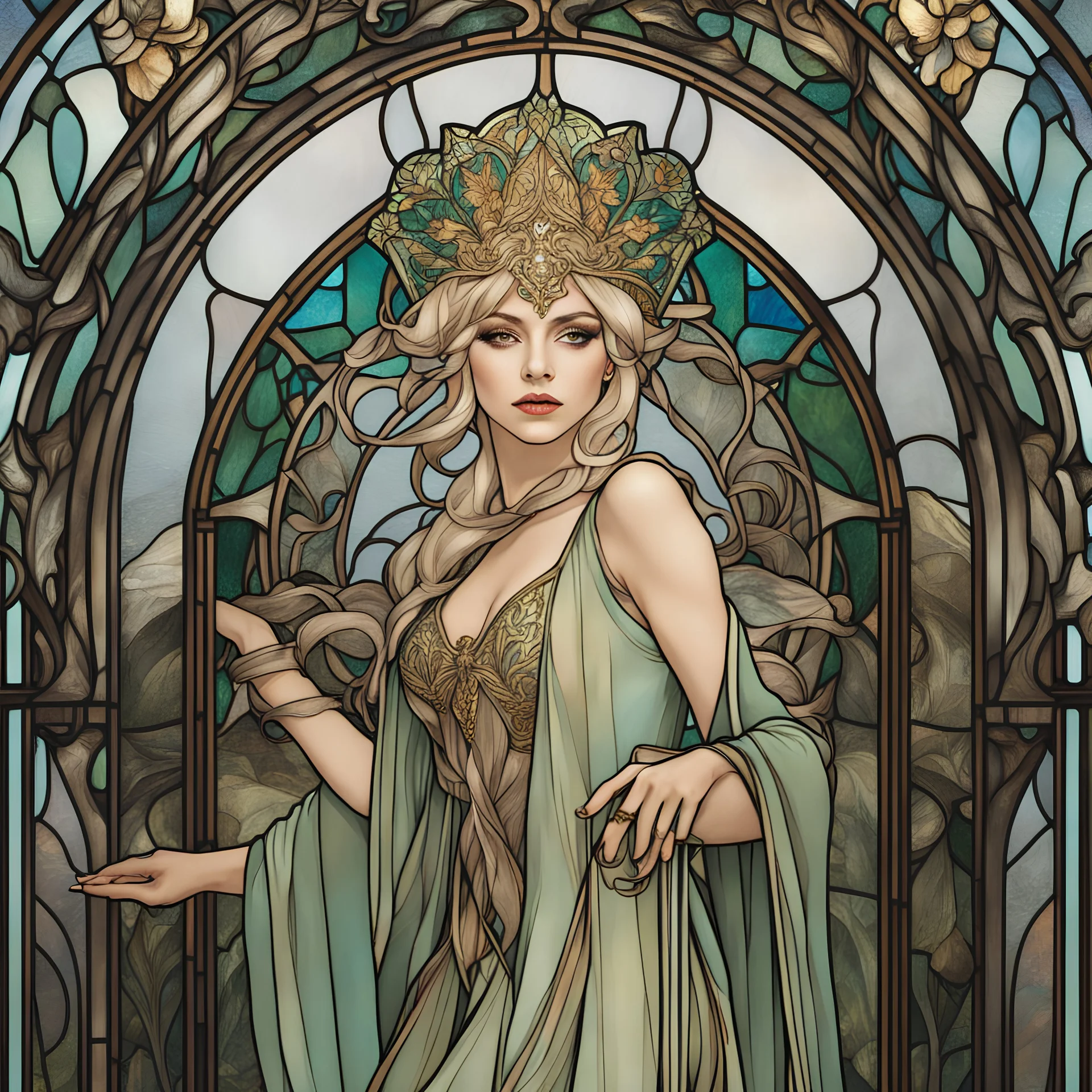 stained glass motif by Alfons Mucha, Lady Gaga as an elf princess in an elven kingdom, HD 4K ultra high resolution, photo-real accurate