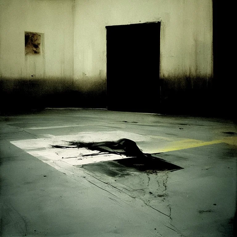 Minimal abstract oil painting desolate 1960s carpark concrete fragments and road markings. fire. In the style of Justin Mortimer and Francis Bacon.