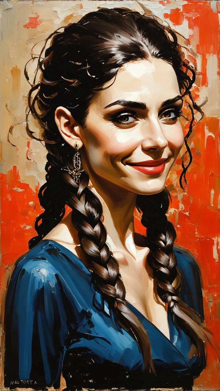 highly detailed, full body oil painting, petite, shyly smiling, woman of Spanish and Lebanese heritage with long dark hair in a single braid, sharply defined angular facial features, anatomic perfection, by Andrea Kowch> <Yoji Shinkawa><Arthur Rackham> <Jean-Giraud Moebius, saturated vibrant natural color tones, precisely drawn and inked, 8k resolution