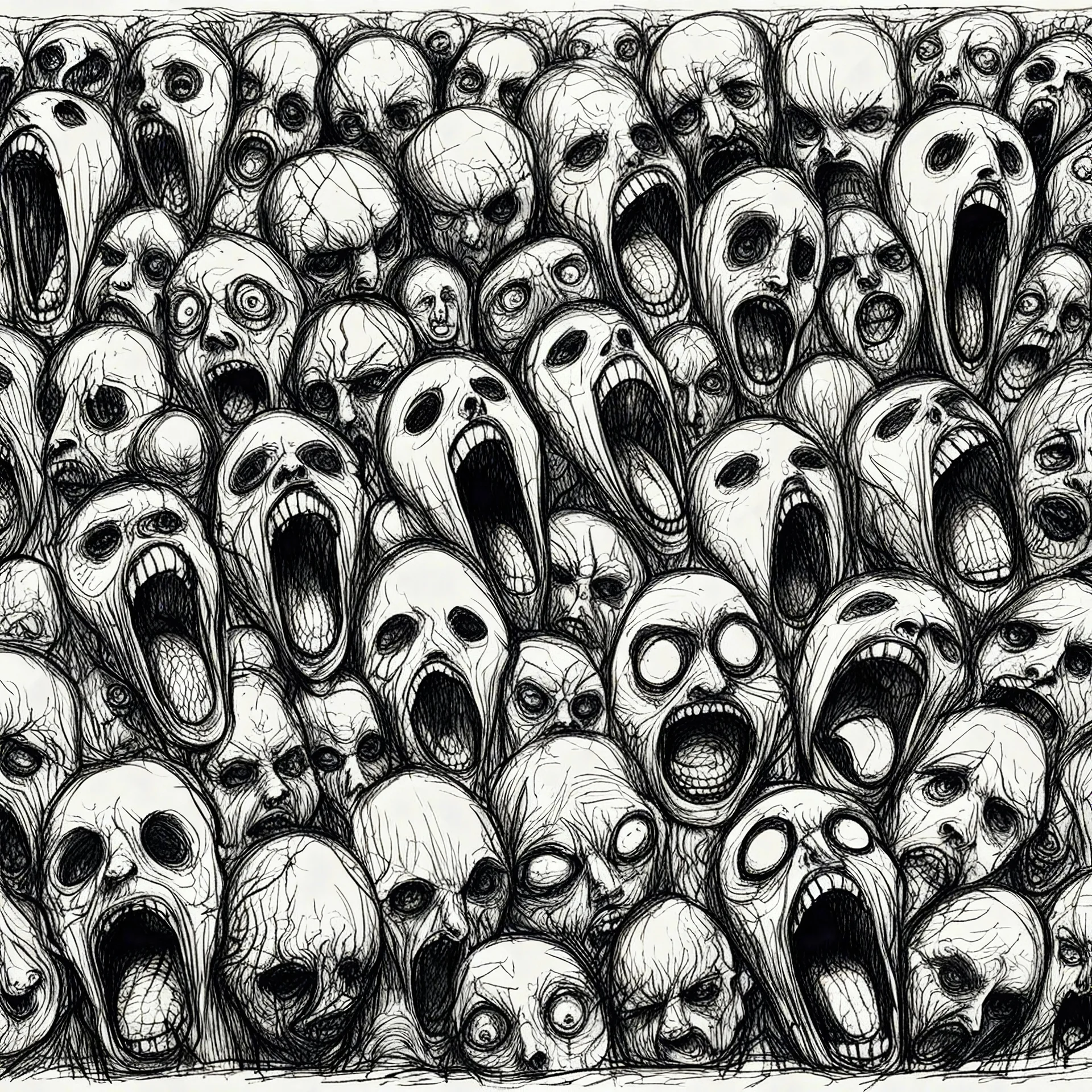 sketch line, rought, of faces on a pages, screaming and sad, demented, mad, journal