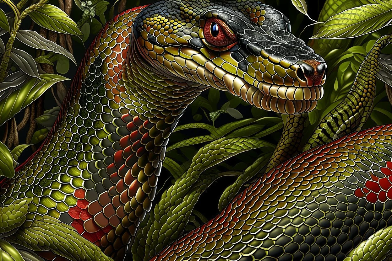 Hybrid 50% animal 50% plant: king cobra (Oipohagus hannah) x Jack-in-the-Pulpit (Arisaema triphyllum) Full width 16:9 close-up illustration filling the entire image width of a hybrid king cobra (Oipohagus hannah) x Jack-in-the-Pulpit (Arisaema triphyllum) creature against a lush forest background. The hybrid has a large, hooded flower with smooth, scaly, green-and-burgundy stripes that is simultaneously the head of a king cobra ready to strike. The upper part of the hood appears to have eyes, an