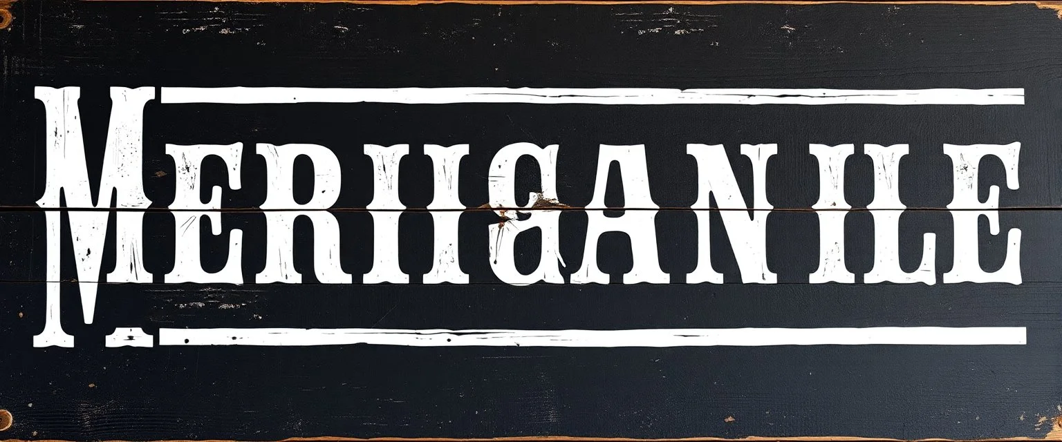 fill composition with large and wide hand painted old western sign that reads: "MERCANTILE" white on black with inset white stripe boarder aged paint on wood sanserif
