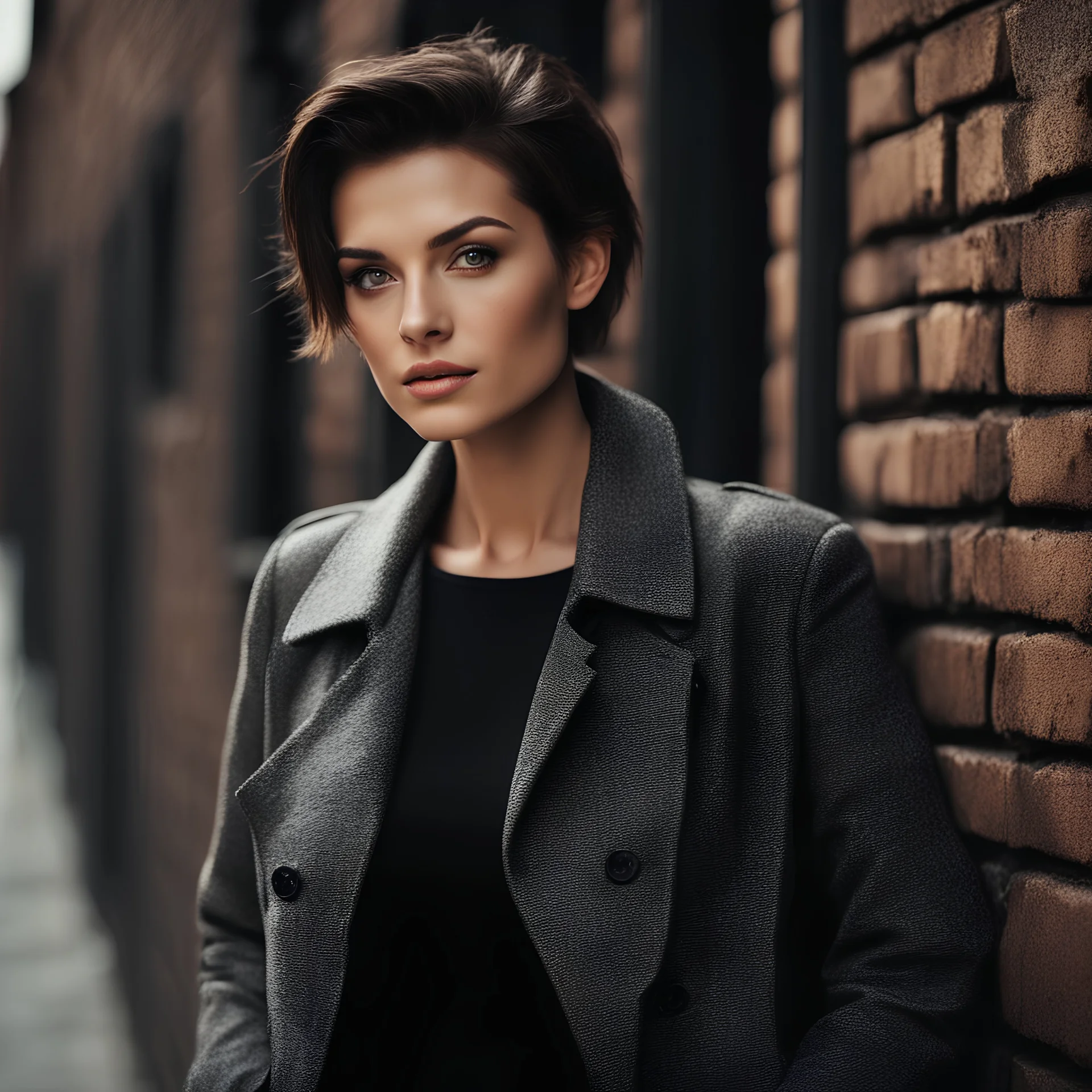 beautiful woman, 25 years old, with dark short hair, super fashionable haircut, gray eyes, facial skin with very noticeable unevenness and pores, face with wrinkles and unevenness, cinematic light makes wrinkles and pores on the face very noticeable, in a stylish jacket , standing against an old brick wall on the street during the day, fashion photography in the style of Peter Lindbergh