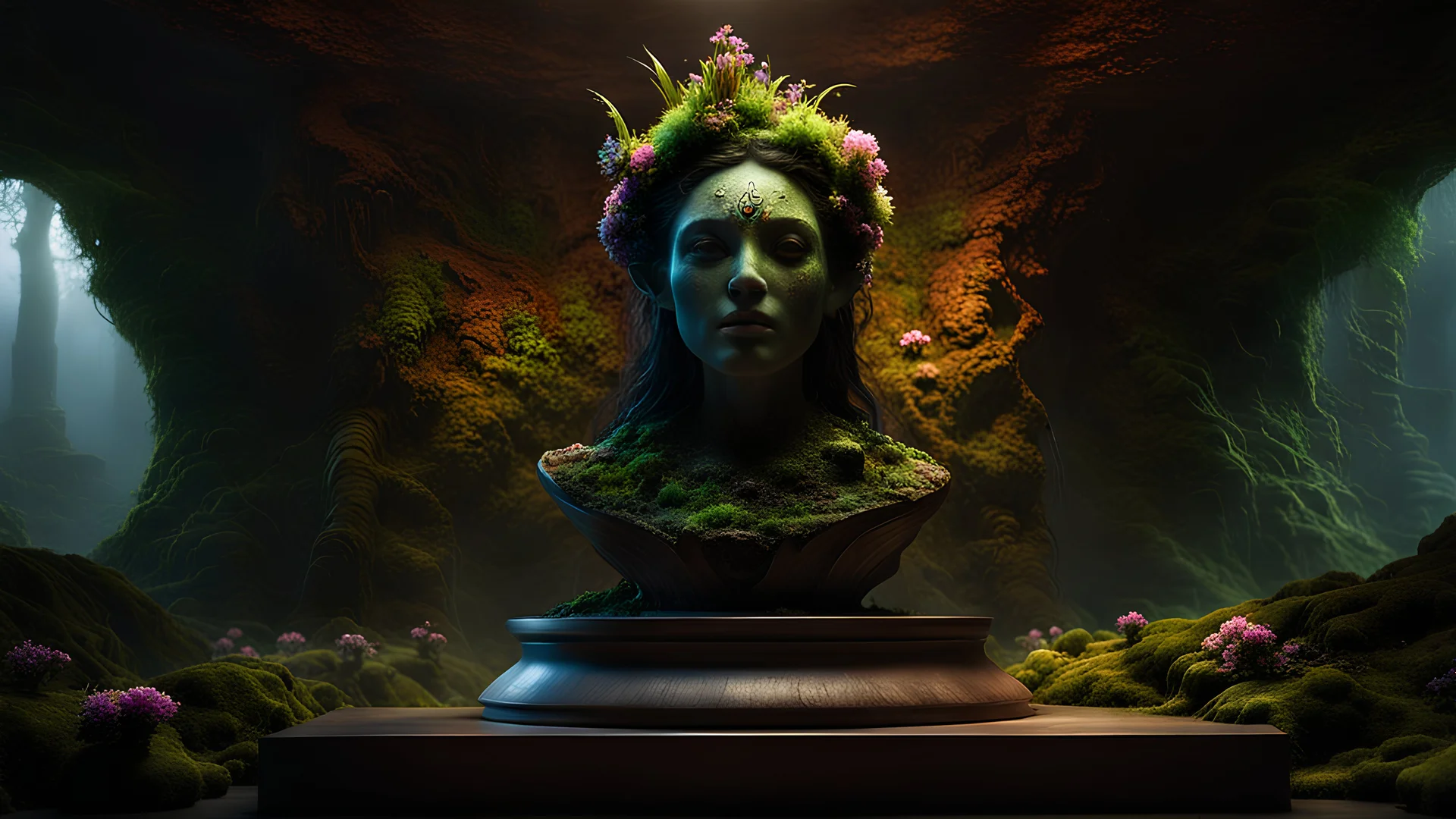 A powerful Raku Clay Dryad mask, sitting on an ancient pedestal with moss and tiny, colorful flowers growing on it, in a cave-like room. Epic, light particles, cinematic brilliant stunning intricate meticulously detailed dramatic atmospheric maximalist digital matte painting, a masterpiece, 8k resolution, dark fantasy concept art, by Greg Rutkowski, dynamic lighting, hyperdetailed, trending on Artstation, deep color, Unreal Engine, Alphonse Mucha, Jordan Grimmer, antique white and cyan hour.