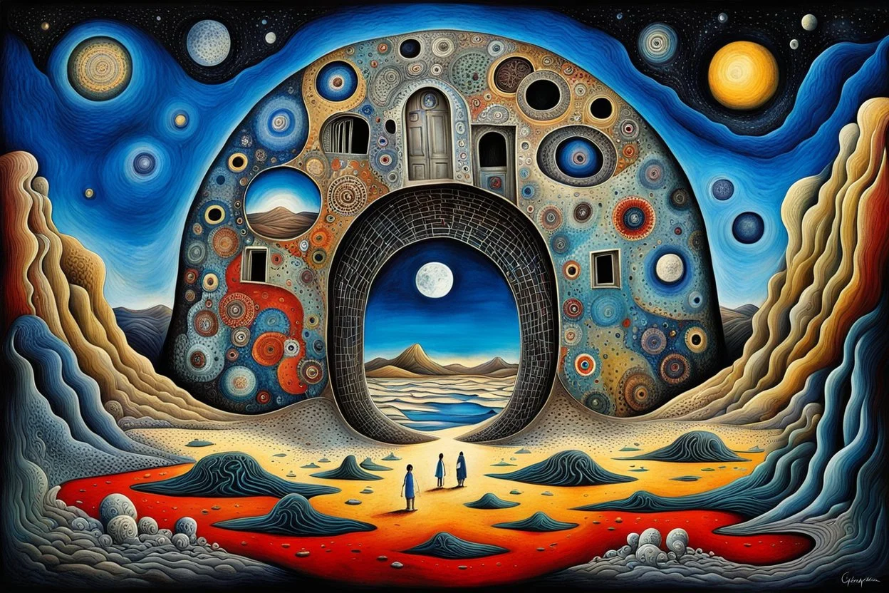 In a deep, dark nightmare, inner world and dynamics of the uncontrolled mind ans soul, chaotic, lonely little deep absurd nightmare, inner world and dynamics of the uncontrolled mind and soul, center lonely big portrait like one little floating island in the cold deep Sahara, around surreal cracked painted weird land, doors. Whimsical style of Chagall meets the dark visions of Minjae Lee and René Magritte, lonely, sad face with absurd beauty. broken, weird inhabitants of this bizarre landscape,