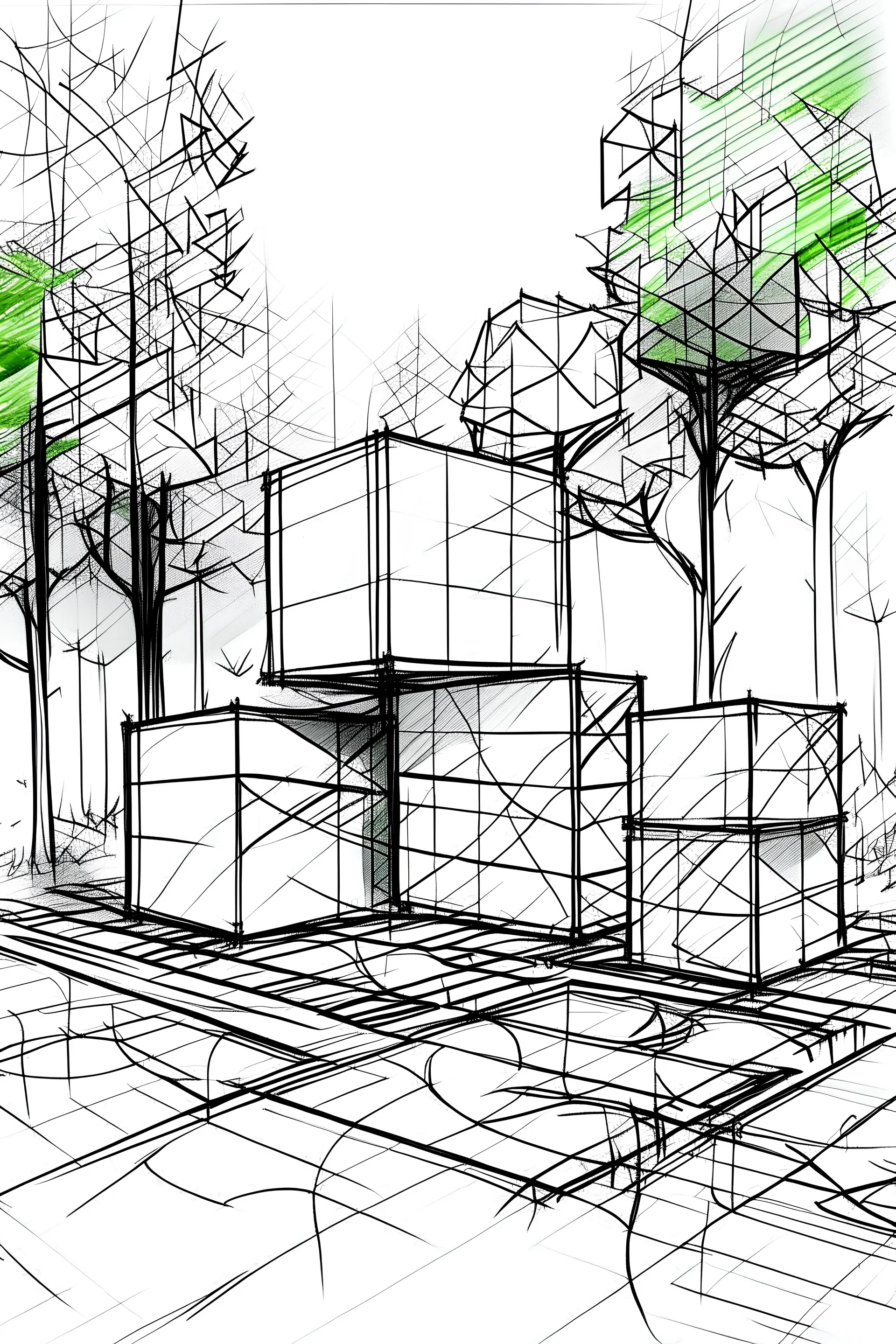 Metabolism, concept sketch LINES, CUBES, GREEN, BLACK AND WHITE, trees