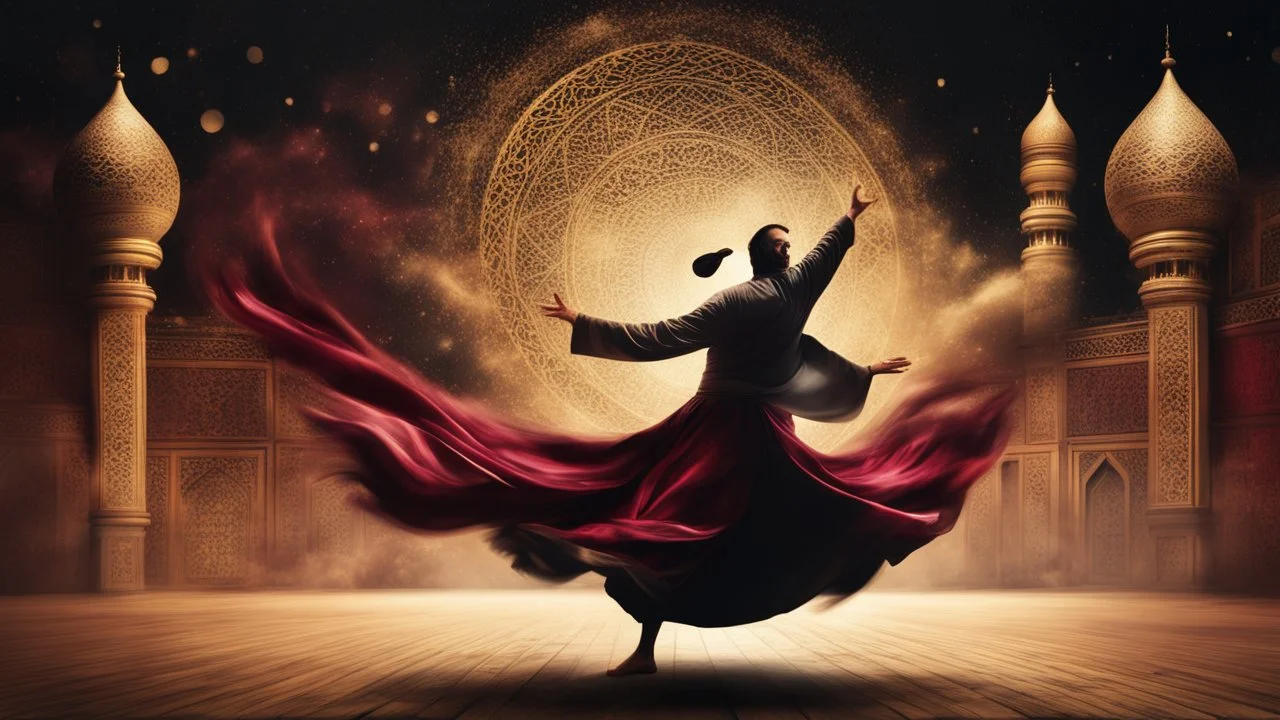 Hyper Realistic Sufi Whirling with Golden, Maroon & Black Islamic Sufi Rustic Grungy Background with Islamic Architecture at night with Whirling wind