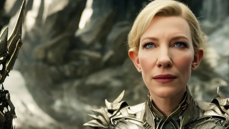 Portrait of Kate Blanchett as an elfin cyborg, in a fantasy landscape, HD 4K, photo-realistic accurate face and features, award winning photography, unreal engine, cinematic lighting