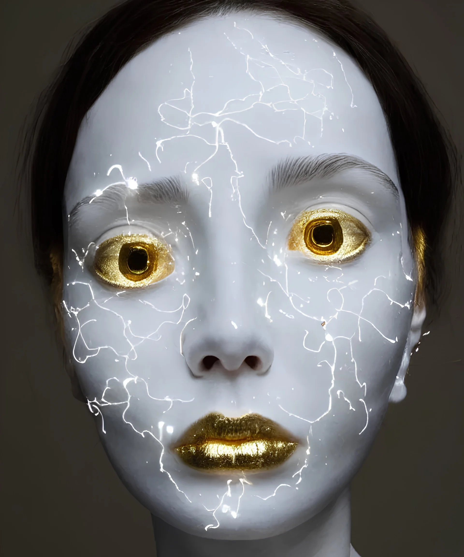 full head and shoulders, beautiful porcelain female person, smooth, delicate facial features, white detailed eyes, white lashes, 3 d white anatomical bones, large electrical gold sparks, gold leaf and glowing lightening, by daniel arsham and james jean