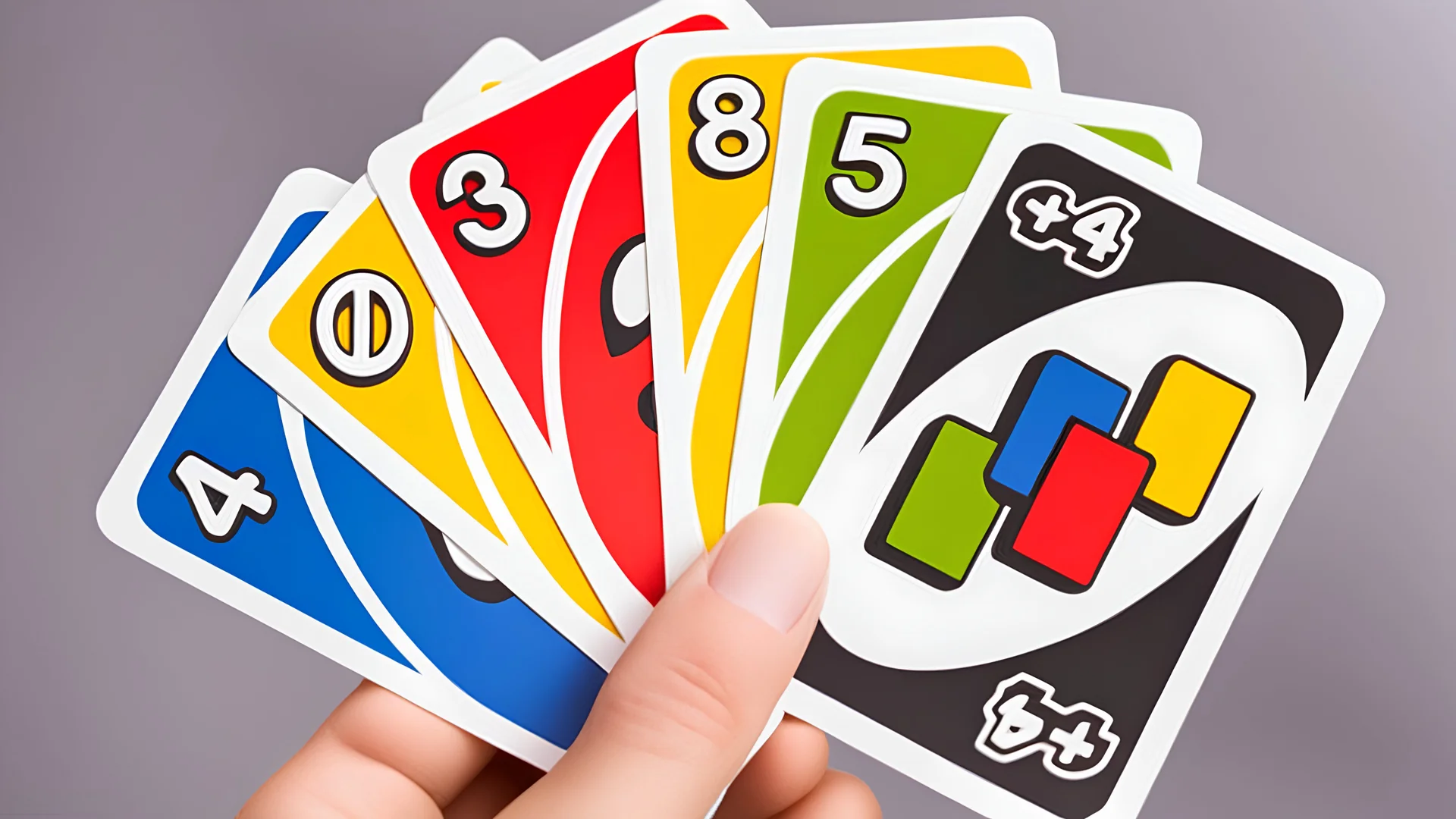 Create a vibrant and engaging image for Uno cards themed slides. Include iconic Uno card elements such as colorful numbers (0-9) and action cards (Skip, Reverse, Draw Two, Wild). Use a balanced composition and vibrant color palette to make the image visually appealing for presentation slides.