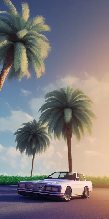 1980's aesthetic vaporwave palm trees with spheres and car