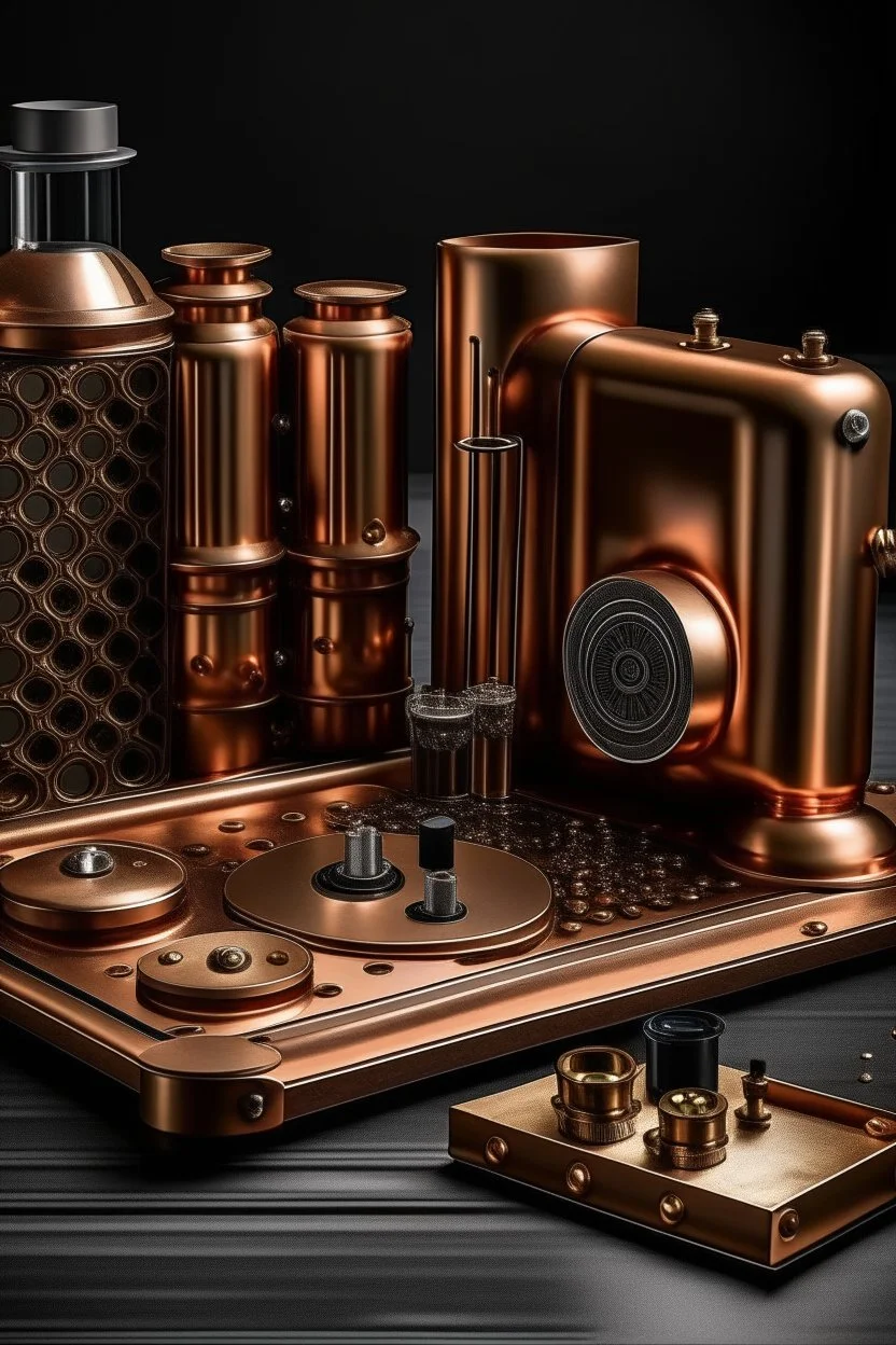 Please produce a photo of a detail of an electrical device inspired by copper, which is a new photo and for the cover of a poster, please be kitchen electrical appliances. The number of items should be less