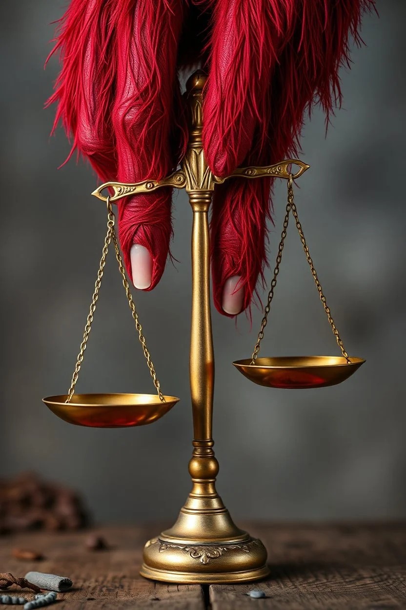 A scary hairy hands holding the Scale Of Justice ,