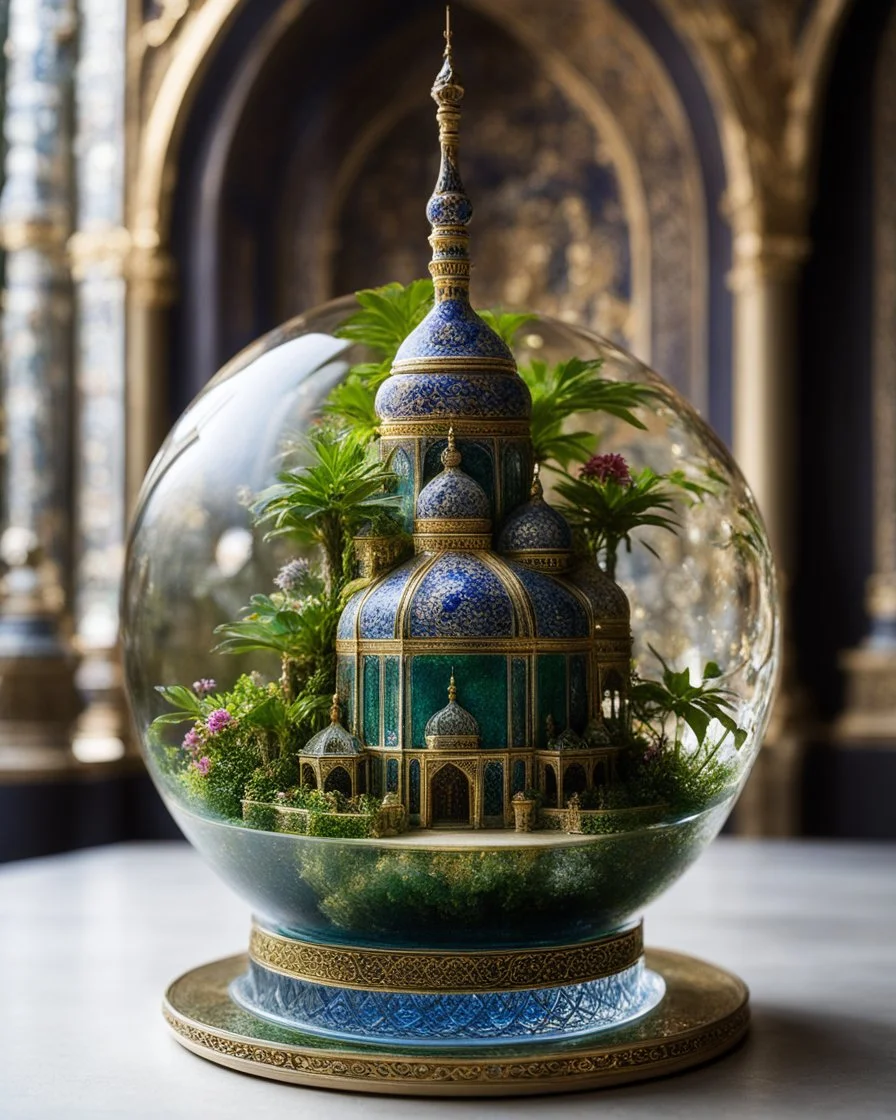 The miniatur islamic mosque in ball glass is an abstract concept that refers to a world made entirely of flowers or plants, often in a fantasy or mythical setting. The flower planet in this image appears to be a baroque world, with ornate spiral patterns and intricate designs.